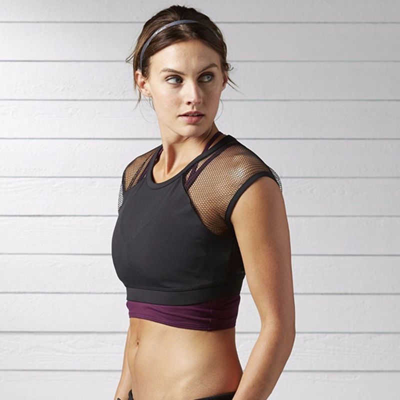 Active wear sexy woman mesh short sleeve gym crop top